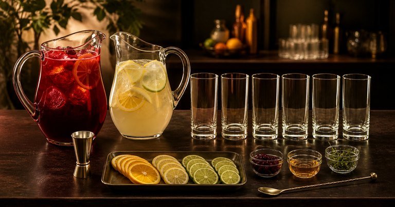 Jarras y vasos preparados para una celebración